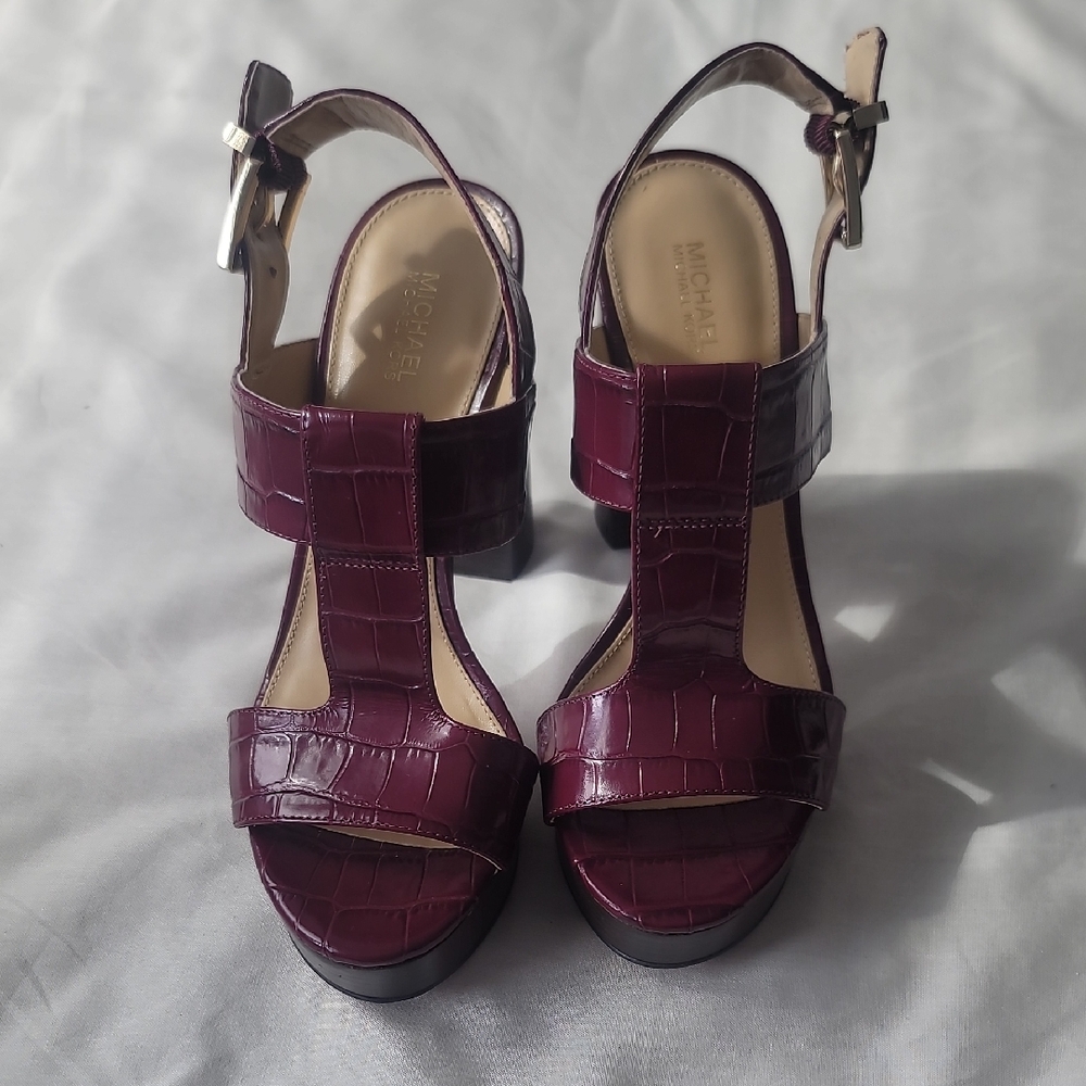 Michael Kors Women's Burgundy Croc-Embossed Block Heel Sandals